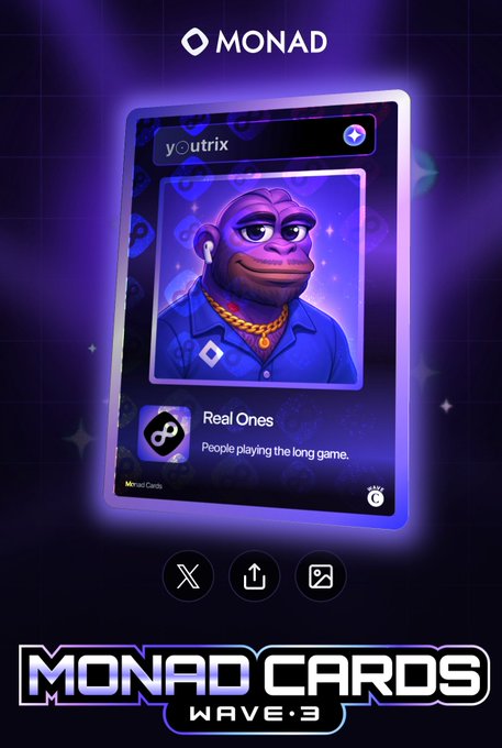 A purple-themed Monad Cards Wave 3 promotional image featuring a youtrix card depicting a purple ape character wearing earbuds and a gold chain, captioned 'Real Ones - People playing the long game.'