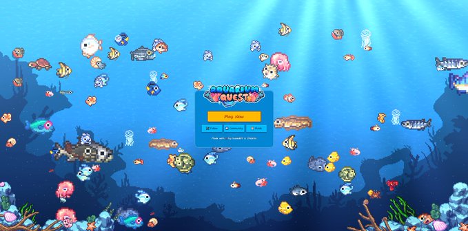 The image features a large screen displaying an underwater scene with various fish, including some that appear to be cartoon characters or icons from a video game. The background of the image is blue, which complements the overall theme of the aquarium. In the center of the image, there's a sign for a "Probando El Alpaca PlayTEST de @AquariumQuestCo en Ronin_Network SORTEAMOS UN ACCESO VIP EN UN RATO twitch.tv/Rojankhzxr". The post is about a video game called Aquarium Quest, which seems to be the main focus of this image.