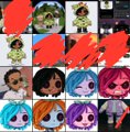 A grid of pixel art chibi character sprites with various hair colors, some overlaid with red splatters, likely game assets.