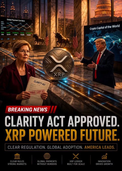 A 'BREAKING NEWS' graphic announcing 'CLARITY ACT APPROVED. XRP POWERED FUTURE.' showing two political figures flanking an XRP coin, with a Capitol building backdrop and bullet points: 'CLEAR RULES STRONG MARKETS', 'GLOBAL PAYMENTS WITHOUT BORDERS', 'XRP LEDGER BUILT FOR SCALE', 'INNOVATION DRIVES GROWTH'.