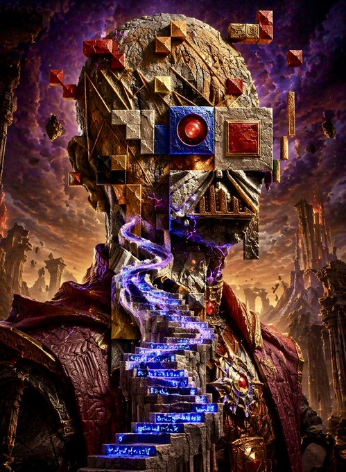 A futuristic, fragmented robotic figure with a single glowing red eye and glowing blue circuitry forming a digital staircase across its torso, set against a surreal cosmic landscape of floating debris and distant spires. The image's AI-generated, otherworldly aesthetic and intricate technological motifs visually echo the forward-looking, sci-fi sentiment of the caption "R3ORDR IS THE FUTURE."