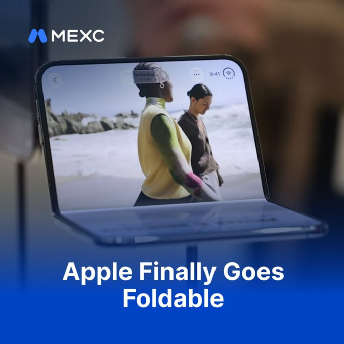 The image features a foldable Apple device displaying a beach scene with two people, alongside the MEXC logo and text reading "Apple Finally Goes Foldable." The post highlights how MEXC offers tailored stock trading instruments to capitalize on market events like Apple's product launches, tying the imagery of an innovative Apple product to the platform's flexible, strategy-specific trading options.