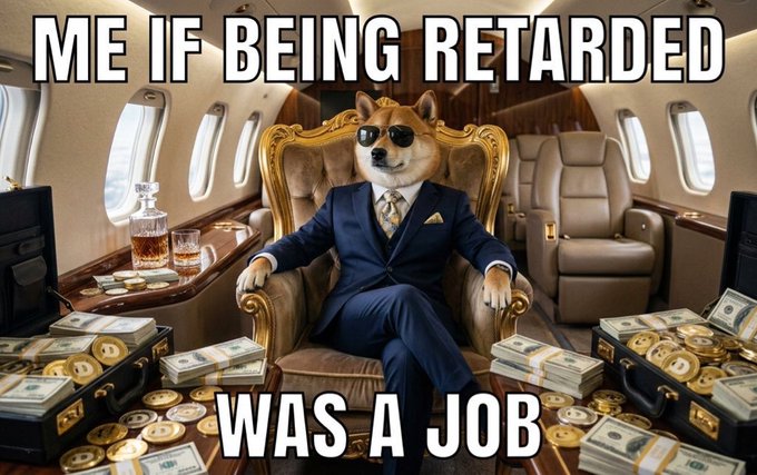 A meme image showing a Shiba Inu dog wearing a suit and sunglasses seated in a private jet throne surrounded by stacks of money and gold coins, with text reading 'ME IF BEING RETARDED WAS A JOB'.