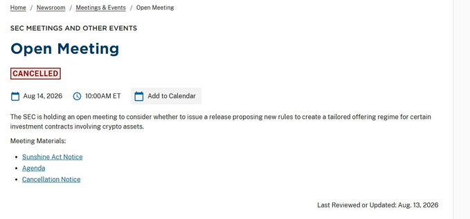 An SEC webpage announcing an Open Meeting on Aug 14, 2026 at 10:00AM ET, marked as CANCELLED in red, regarding rules for a tailored offering regime for investment contracts involving crypto assets.