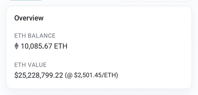 Cryptocurrency wallet overview screen showing 'ETH BALANCE: 10,085.67 ETH' and 'ETH VALUE: $25,228,799.22 (@ $2,501.45/ETH)'.