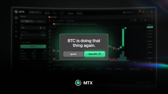 A promotional graphic for 'MTX' showing a dark-themed trading interface with a pop-up notification reading 'BTC is doing that thing again.' with buttons to 'Ignore' or 'Open MTX'.