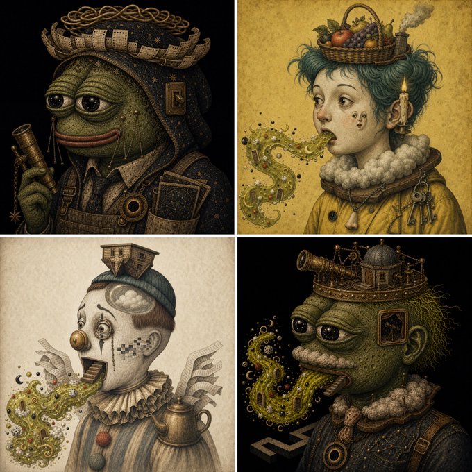 Four-panel surrealist illustration featuring anthropomorphic characters including a frog with a telescope, a child with a basket of fruit, and a clown with a town on their head, all exhaling colorful vapor.