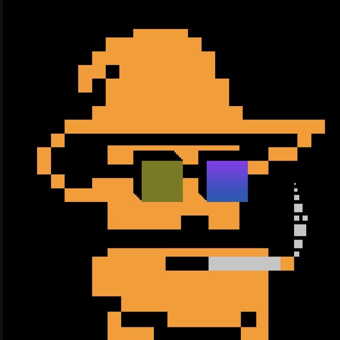 A pixelated orange wizard character with a pointed hat and cyan sunglasses holds a smoking cigarette, rendered in a blocky, 8-bit style that references Bitcoin's "Patoshi" — a nickname for the alleged pseudonymous Bitcoin miner associated with creator Satoshi Nakamoto.