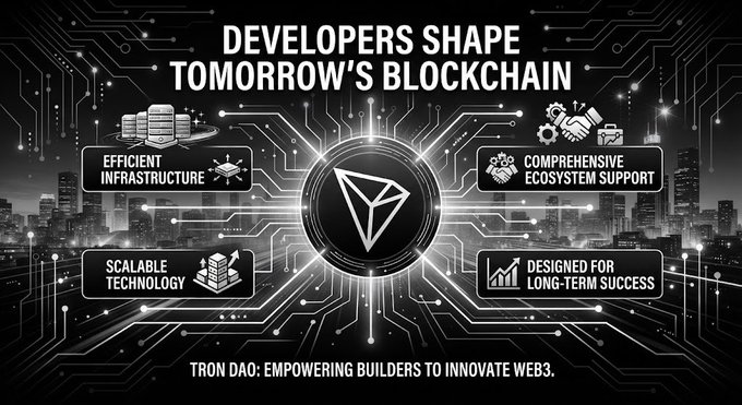A TRON DAO promotional graphic titled 'DEVELOPERS SHAPE TOMORROW'S BLOCKCHAIN' with the TRON logo in the center, surrounded by four feature boxes: 'EFFICIENT INFRASTRUCTURE,' 'COMPREHENSIVE ECOSYSTEM SUPPORT,' 'SCALABLE TECHNOLOGY,' and 'DESIGNED FOR LONG-TERM SUCCESS,' with tagline 'TRON DAO: EMPOWERING BUILDERS TO INNOVATE WEB3.'