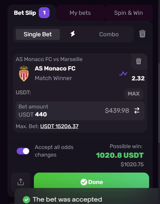 A sports betting app interface showing a bet slip for AS Monaco FC vs Marseille with AS Monaco FC as Match Winner at odds of 2.32, a bet amount of 440 USDT ($439.98), and a possible win of 1020.8 USDT ($1020.75), confirming 'The bet was accepted'.