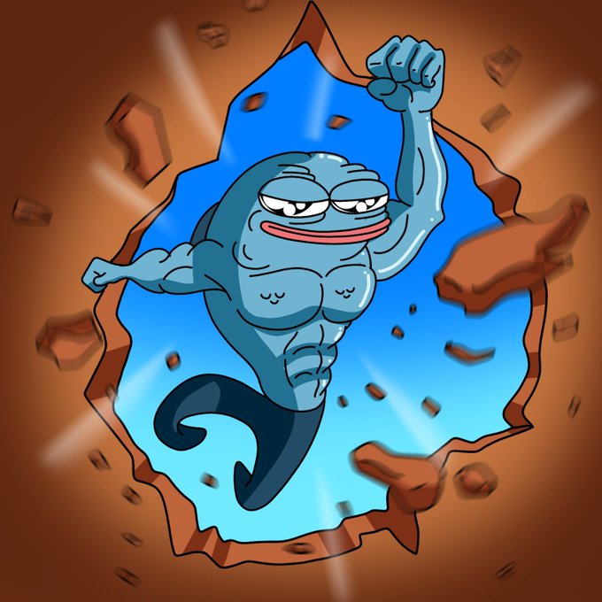 A cartoon illustration of a muscular, blue, muscular fish-like creature bursting through a brown wall with a clenched fist raised, set against a blue background.