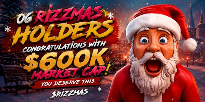 A Christmas-themed promotional graphic for 'RIZZMAS' featuring a Santa Claus character with the text 'OG RIZZMAS HOLDERS CONGRATULATIONS WITH $600K MARKET CAP! YOU DESERVE THIS #RIZZMAS'.