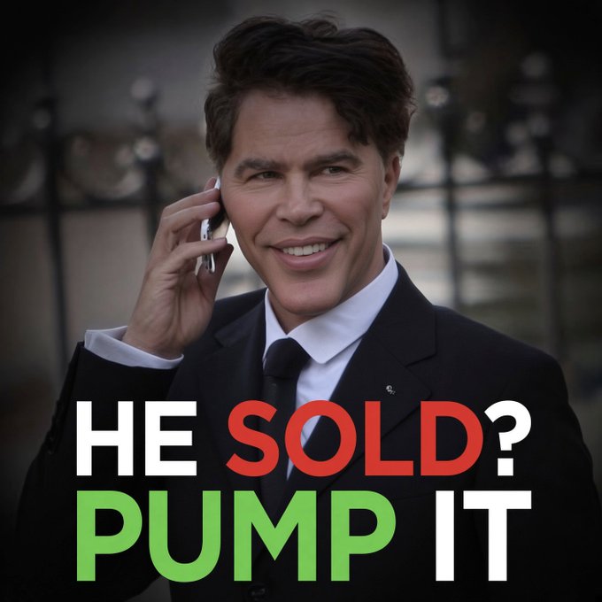 A meme-style image of a man in a suit on a phone with text overlay reading 'HE SOLD? PUMP IT'.
