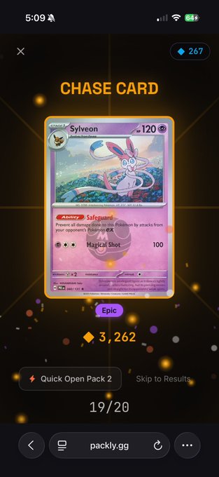 A mobile screenshot of a Pokémon TCG app showing a 'CHASE CARD' Sylveon, an Ability 'Safeguard' Pokémon card with 120 HP, labeled as 'Epic'.