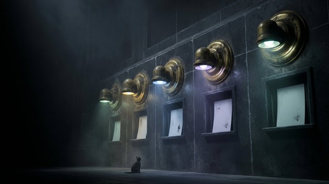 A small cat sits alone in a dark room illuminated by a row of brass wall sconces, with mist or smoke filling the atmospheric space.