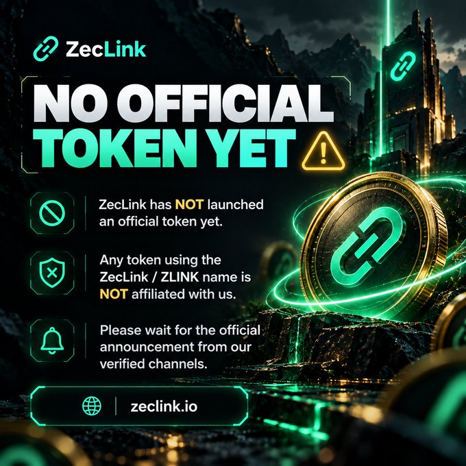 A warning graphic from ZecLink stating 'NO OFFICIAL TOKEN YET' and cautioning that any token using the ZecLink or ZLINK name is not affiliated with them, featuring a 3D coin graphic.