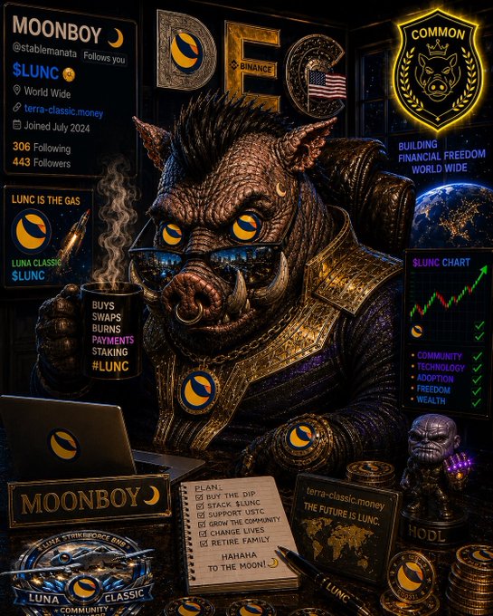 Stylized profile/poster for MOONBOY (@stablemanata) featuring a pig-headed character in a DEC jacket, promoting $LUNC (Terra Classic) with sections on buys, swaps, burns, payments, and staking.
