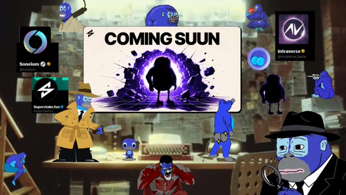 A 'COMING SOON' announcement collage featuring cartoon detective characters and logos for Soneium, Superstake.fun, and Intraverse.
