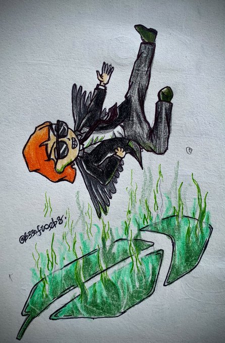 A hand-drawn illustration shows a winged angel-like figure with orange hair, sunglasses, and a suit falling upside-down through green seaweed-like tendrils, with the artist's signature "@33sfoo83" visible. The artwork symbolizes the dramatic leap or "fall" into a new venture, visually representing the transition to the Robinhood App chain as mentioned in the accompanying post.