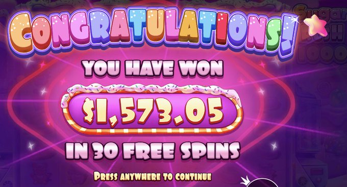 A colorful "CONGRATULATIONS! YOU HAVE WON $1,573.05 IN 30 FREE SPINS" slot machine screen, with "PRESS ANYWHERE TO CONTINUE" displayed below, celebrates a lucky Sunday win to start the week off right.
