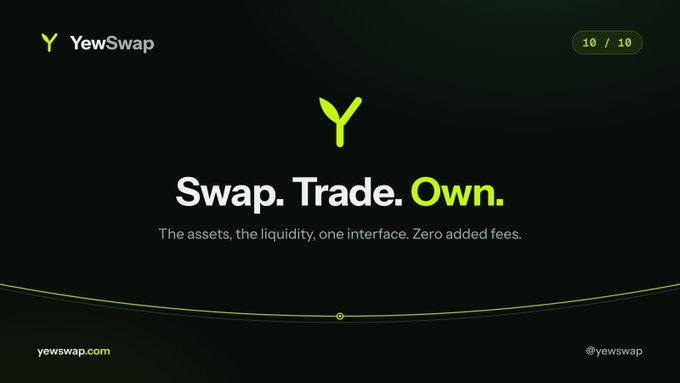 A dark promotional slide for YewSwap (slide 10/10) displays the slogan "Swap. Trade. Own." along with the tagline "The assets, the liquidity, one interface. Zero added fees," visually summarizing YewSwap's role of integrating Robinhood Chain's assets and Uniswap's liquidity into a single fee-free platform.