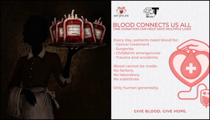 A blood donation awareness poster featuring a silhouette of a maid holding a tray of blood bags, with text 'BLOOD CONNECTS US ALL' and 'GIVE BLOOD. GIVE HOPE.' alongside information about the importance of donations for cancer treatment, surgeries, childbirth emergencies, and trauma.