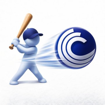 The image features a 3D rendering of a baseball player swinging a bat at a blue ball, which appears to be moving quickly towards him. The scene captures the motion of the ball as it flies through the air after being hit by the batter's swing. The background is white, and there are no other objects or people in the image besides the baseball player and the ball.