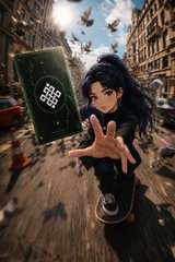 An anime-style character reaches out toward the viewer while holding a green card with a circular logo, set against a city street background.