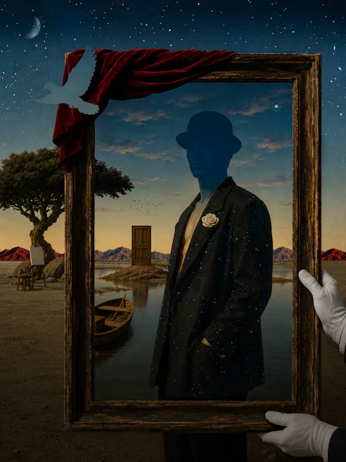 A surreal digital artwork shows white-gloved hands holding an ornate gold picture frame against a surreal landscape with a tree, water, and a door, revealing a silhouette of a man in a bowler hat inside the frame.