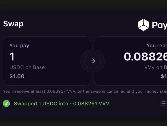 A cryptocurrency swap interface shows a completed transaction of '1 USDC on Base' ($1.00) swapped into '~0.088261 VVV' via a 'Swap' feature.