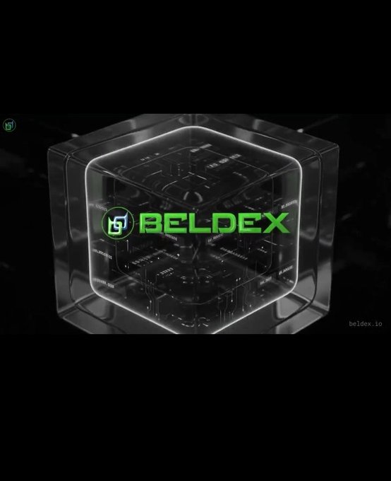 A futuristic transparent 3D cube displays the "BELDEX" logo in green at its center, symbolizing the privacy-focused network infrastructure referenced in the post. The dark, tech-inspired visual reinforces the message of building privacy directly into the blockchain's core, with the domain "beldex.io" faintly visible in the corner.
