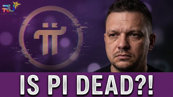 The image is a YouTube thumbnail with a purple background featuring a serious-looking man on the right, the Pi Network logo (π) with a glitch effect on the left, and bold white text reading "IS PI DEAD?!" at the bottom, accompanied by the "RAYS UNITED" channel logo in the top left corner, directly referencing the post's question about whether Pi Network has failed after six years of criticism and unfulfilled expectations.