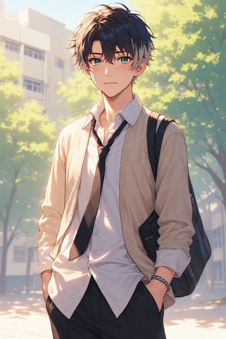 An anime-style illustration depicts a young man with dark hair and green eyes, wearing a beige cardigan, white shirt, dark tie, and carrying a black backpack.