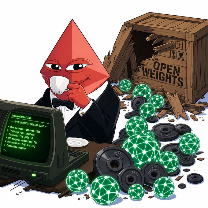 An illustration showing a red EFLA mascot in a tuxedo sipping coffee while monitoring an "OPEN WEIGHTS MAILING LIST" on a green CRT terminal, beside a broken crate labeled "OPEN WEIGHTS" spilling out green neural network spheres and weight plates marked "20 KG" and "10 KG." The terminal displays updates including "New releases: gpt-oss-120B," "Dataset: the pile v3," and "PR merged: optimizer fix," matching the post's theme of the open-weights AI community celebrating rapid releases like Linus Torvalds' pro-AI stance and the ex-OpenAI CTO's Inkling model launch.