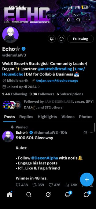 A Twitter/X profile page for 'Echo' (@demolaW3), a Web3 Growth Strategist, displaying a pinned post about a '$100 SOL Giveaway' with rules to follow @DexenAlpha.