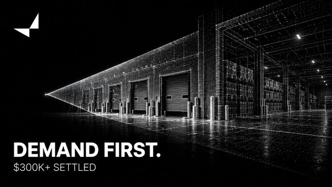 A dark-themed advertisement with a wireframe rendering of a warehouse or industrial facility features the text "DEMAND FIRST. $300K+ SETTLED" along with the VanGrid logo in the top left corner.