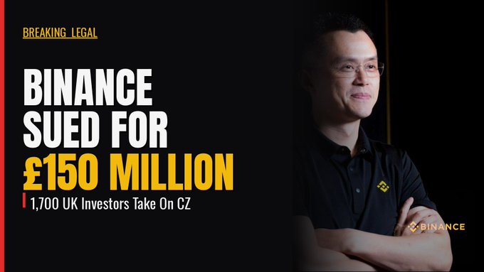 A Binance news graphic with 'BREAKING LEGAL' tag announcing 'BINANCE SUED FOR £150 MILLION' with subtitle '1,700 UK Investors Take On CZ', featuring a photo of CZ (Changpeng Zhao).