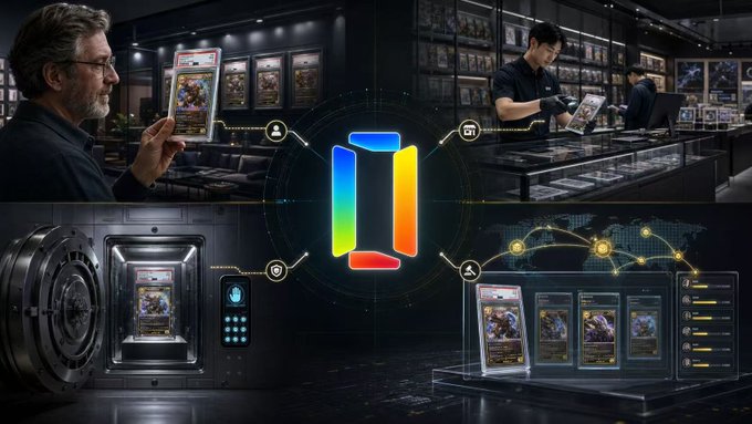 A digital collage showcases a card trading ecosystem centered around a colorful 'H' logo, featuring people examining graded sports cards, a vault, and a global network of digital assets.