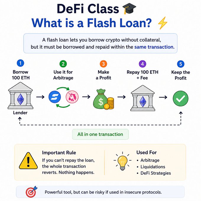 A DeFi educational infographic titled 'What is a Flash Loan?' explaining the 5-step process of borrowing, arbitrage, profit, repayment, and keeping profit in a single transaction.