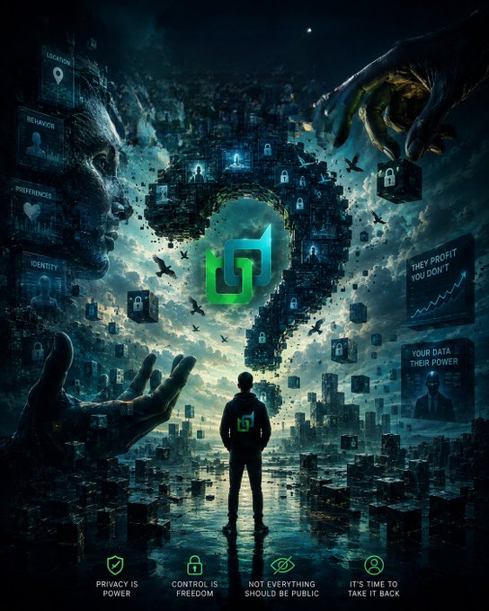 A digital artwork depicting a person standing before a large, floating question mark made of floating screens displaying 'LOCATION,' 'BEHAVIOR,' 'DEPENDENCIES,' and 'IDENTITY,' with padlocks floating around. Text panels read 'THEY PROFIT YOU DON'T' and 'YOUR DATA THEIR POWER,' and bottom text says 'PRIVACY IS POWER,' 'CONTROL IS FREEDOM,' 'NOT EVERYTHING SHOULD BE PUBLIC,' and 'IT'S TIME TO TAKE IT BACK.'