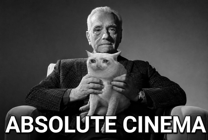 A black-and-white portrait shows an elderly man sitting in a chair, holding a white cat directly in front of his chest. The text "ABSOLUTE CINEMA" is overlaid at the bottom of the image, lending a dramatic, high-stakes tone that humorously complements the post's mention of "flywheel = activated $cashcat" by framing the cat as a powerful, cinematic force driving momentum.