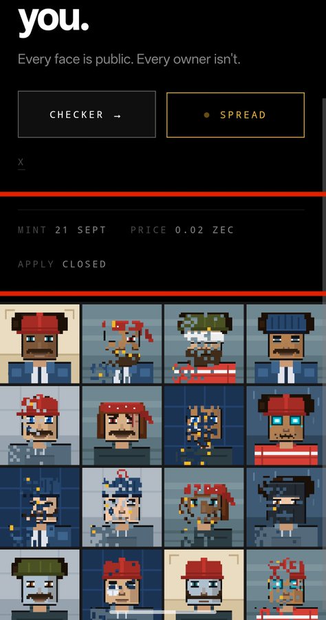 Screenshot of a website interface titled 'you.' showing a Checker/Spread toggle, NFT mint details (MINT 21 SEPT, PRICE 0.02 ZEC), and a grid of pixel art character avatars.