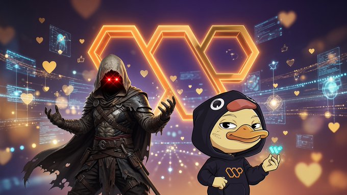 A digital artwork showing a hooded assassin with glowing red eyes alongside a cartoon duck mascot in a hoodie, set against a backdrop with a glowing 'WEB3' logo and floating hearts.