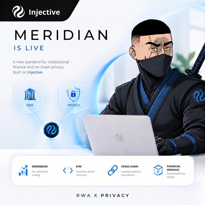 A promotional graphic for 'Injective' announcing 'MERIDIAN IS LIVE', describing it as 'A new standard for institutional finance and on-chain privacy' with an anime-style ninja character using a laptop.