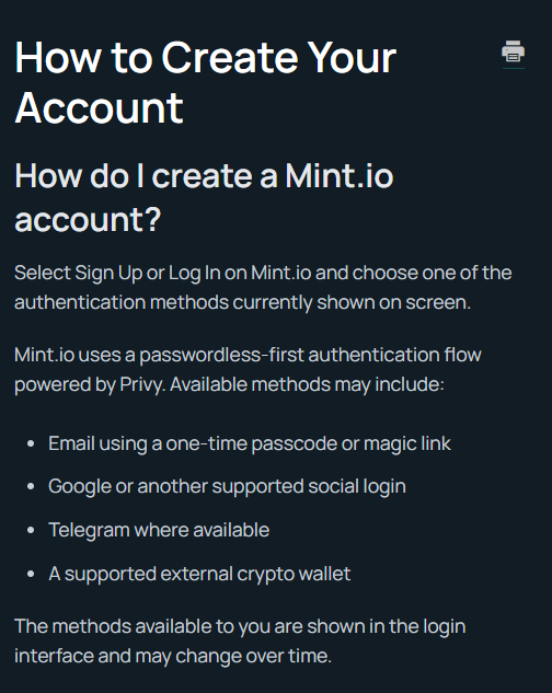 Screenshot of an instructional page titled 'How to Create Your Account' explaining how to create a Mint.io account using passwordless authentication methods like email, Google, Telegram, or crypto wallets.