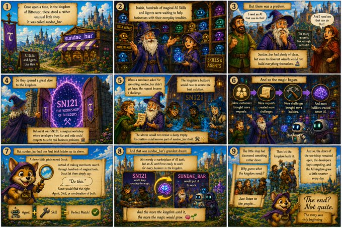 This 9-panel comic illustrates the story of '@sundaebar_ai' in the 'kingdom of Bitminers,' where a workshop called 'SN121' utilizes 'magical AI Skills and Agents' to help businesses with their troubles, facing the challenge of too many requests and tasks.