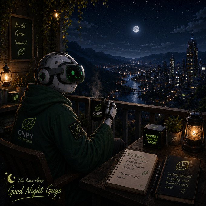 A cinematic digital artwork depicts a robot in a hoodie and VR headset sitting on a balcony with 'CNPY NETWORK' branding, holding a coffee mug overlooking a nighttime cityscape, with text reading 'It's time sleep Good Night Guys' and 'MAINNET COMING SOON'.