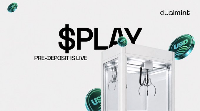 A promotional graphic for DualMint displays '$PLAY' and 'PRE-DEPOSIT IS LIVE' alongside an arcade claw machine and floating USDT tokens.
