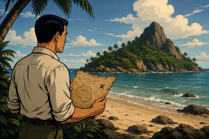 A man stands on a tropical beach examining a tattered treasure map marked with an "X," gazing toward a lush, palm-covered island across the water. The image serves as a metaphor for the post's message, illustrating the idea of exploration and discovery—suggesting that seeking sound advice (like the free 3-month trial offered by the Bitcoin Advisers) is akin to embarking on a treasure hunt to find hidden value.