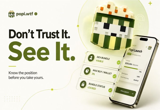 An advertisement for 'popi.wtf' with the slogan 'Don't Trust It. See It.' showing a pixelated character and a mobile app interface displaying 'Popi Launch' with details like 'DEV BUNDLE VISIBLE' and 'BUNDLE STATUS LOCKED'.